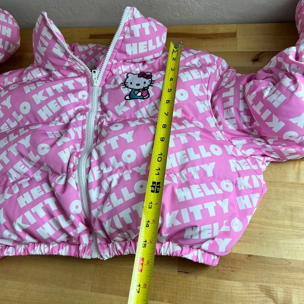 SHEIN x Hello Kitty Pink Puffer‎ Jacket Cropped Full Zip Embroidered Kids Size L